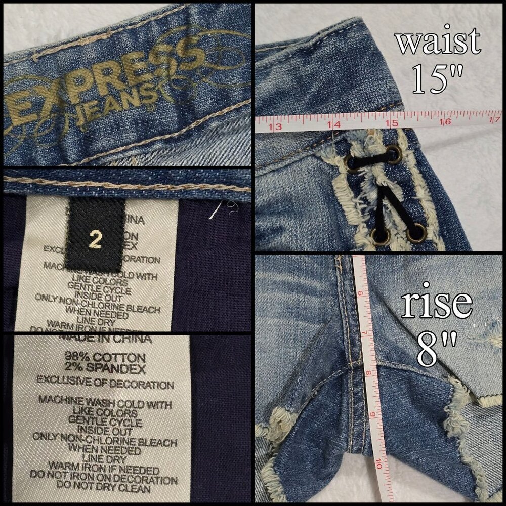 Express ✦ Corset Lace‑Up Denim Shorts ✦ Light Wash Distressed Jean Cutoffs Sz 2 - Picture 8 of 8